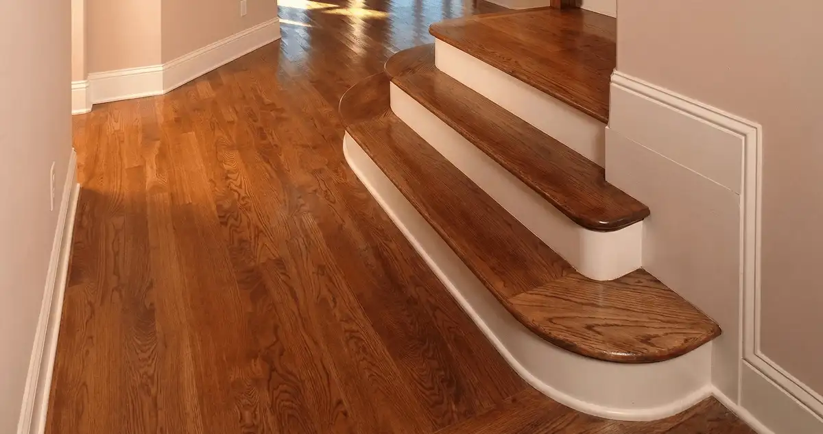 Base floor of a staircase with professionally restored wood flooring in Worcester MA