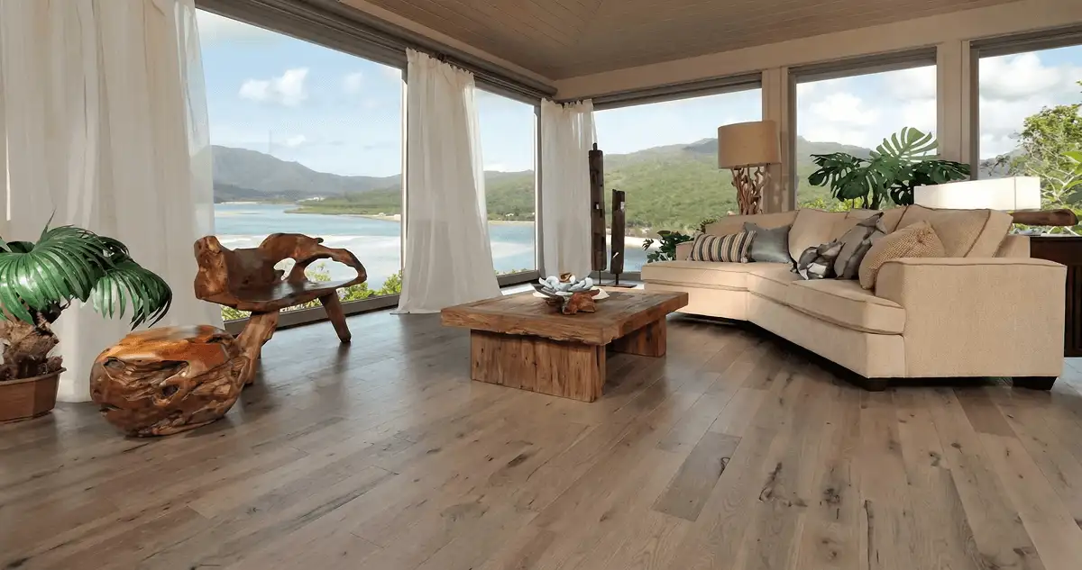 Professionally installed vinyl flooring in a modern living room with large windows in Worcester, MA